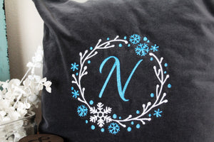 Monogram Snowflake Wreath Velvet Pillow Cover