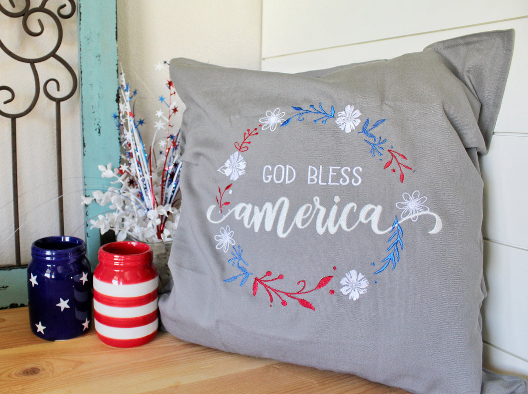 God Bless America Floral Wreath Pillow