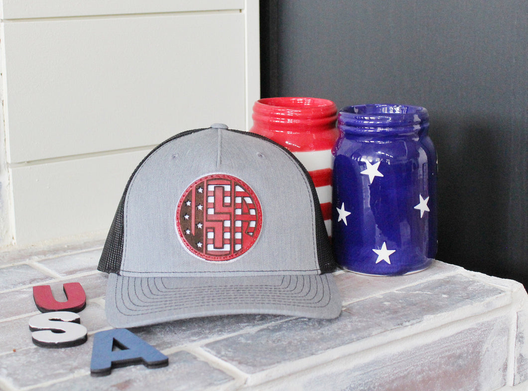 USA Monogram Red Genuine Leather Patch Hat
