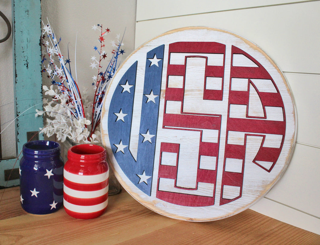 USA Monogram Round Wood Sign